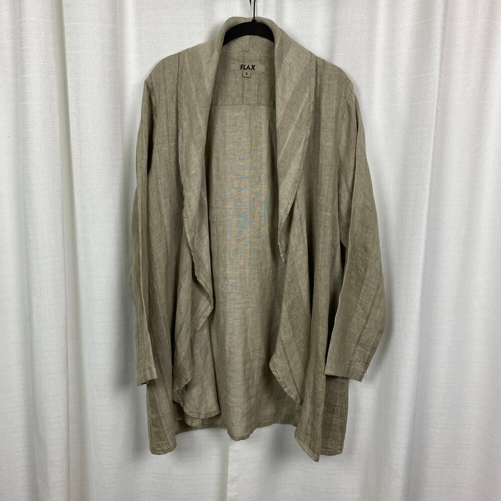 Flax Beige Linen Long Sleeve Open Drape Front Jacket Sz.S